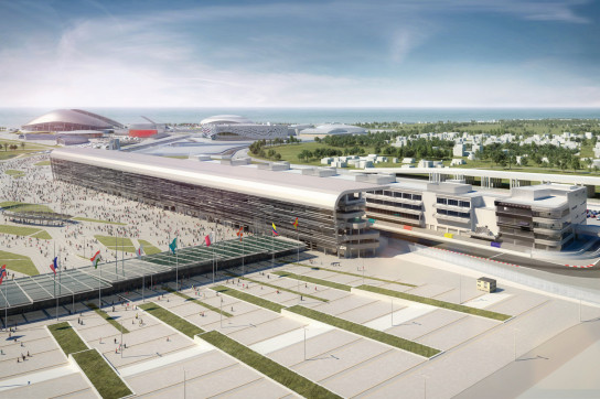 Rendering of the pit and paddock area at Sochi Autodrom