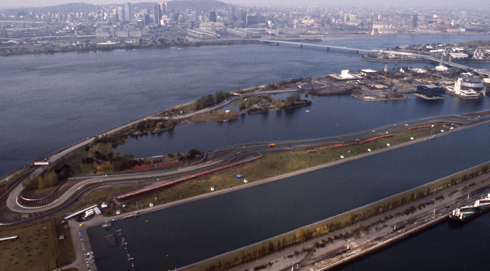 An aerial view of the Île Notre-Dame Circuit in 1978